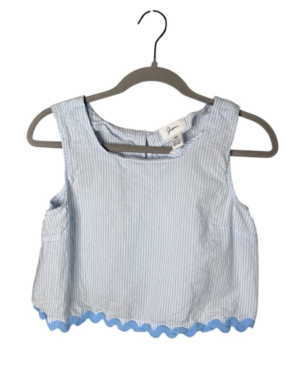 Japna Blue White Striped Scalloped Trim Cropped Top Medium